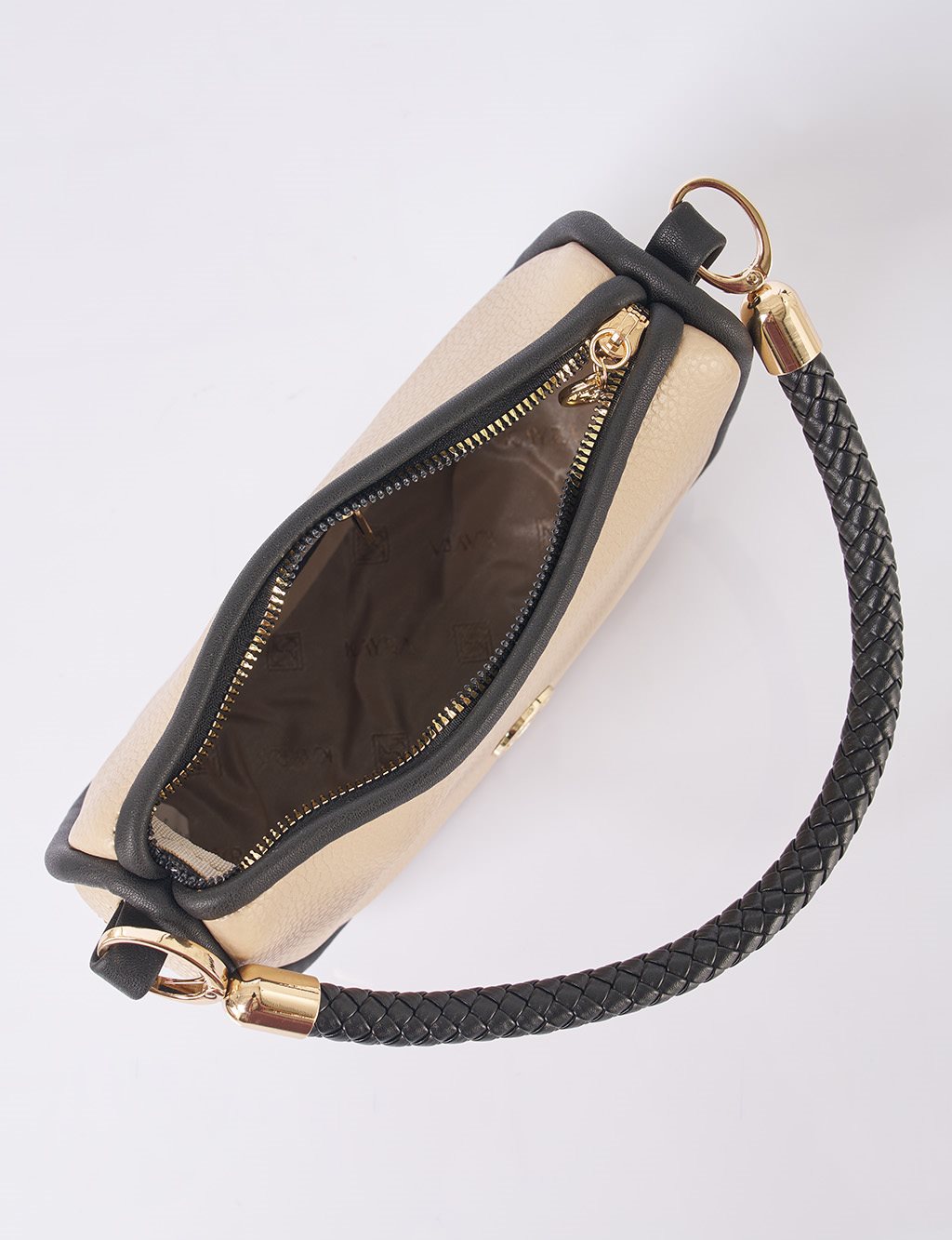 Faux Leather Hobo Bag Cream-Black