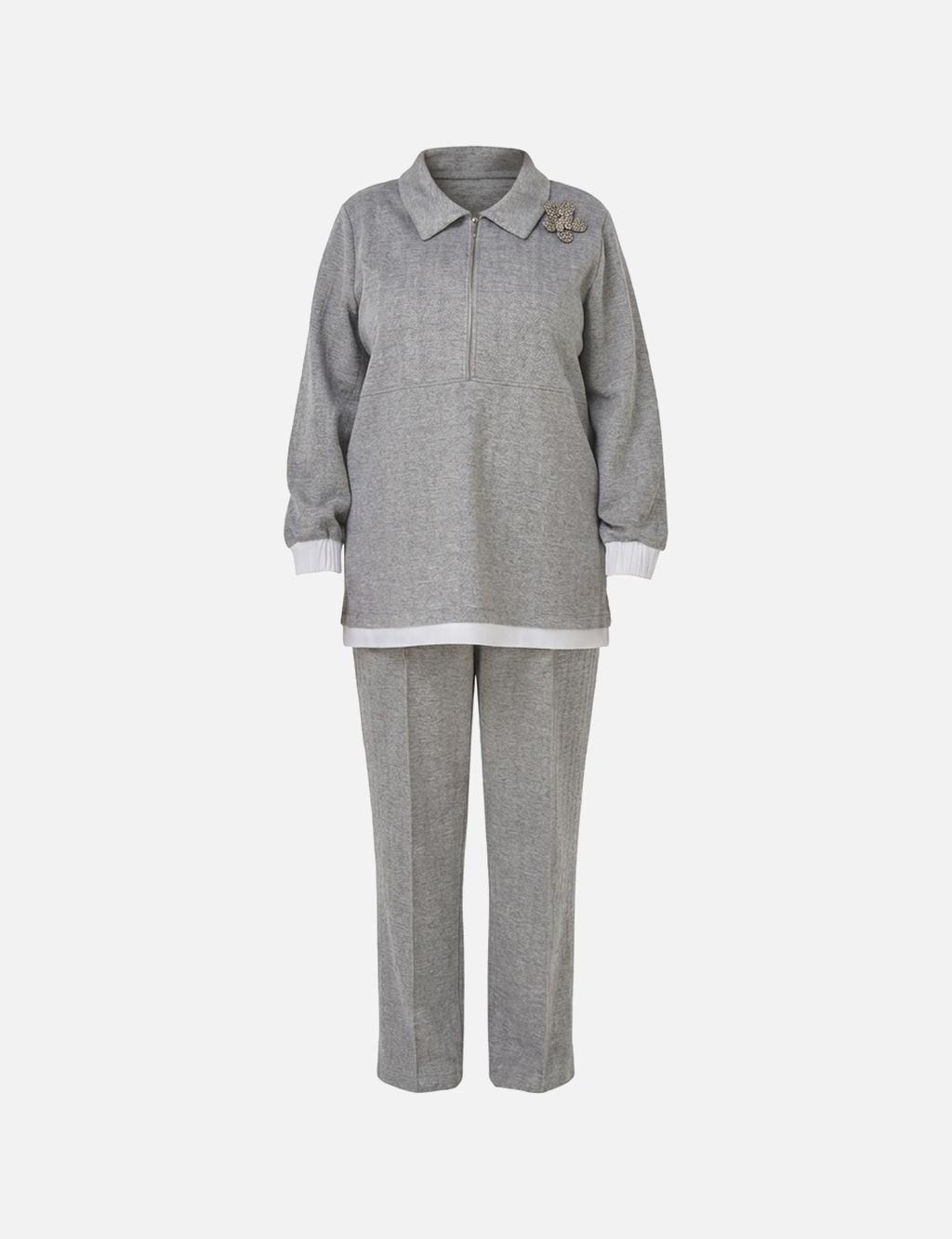 Brooch-Detail Relaxed-Fit Two-Piece Set Grey