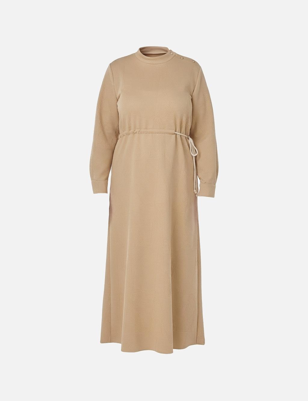 Patterned Relaxed-Cut Dress in Beige