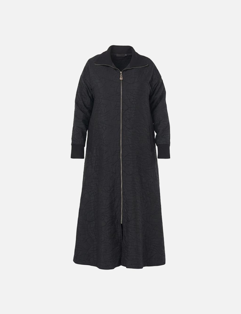 Embossed Pattern Stand Collar Coat in Black