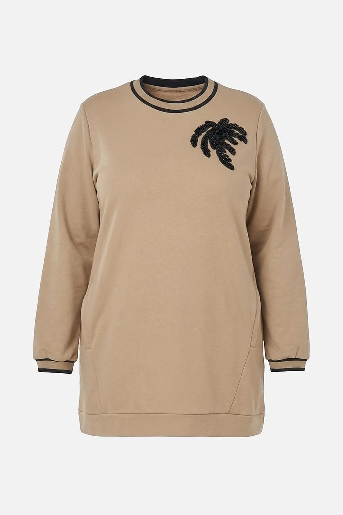 Kontrast Şeritli Scuba Sweatshirt Bej