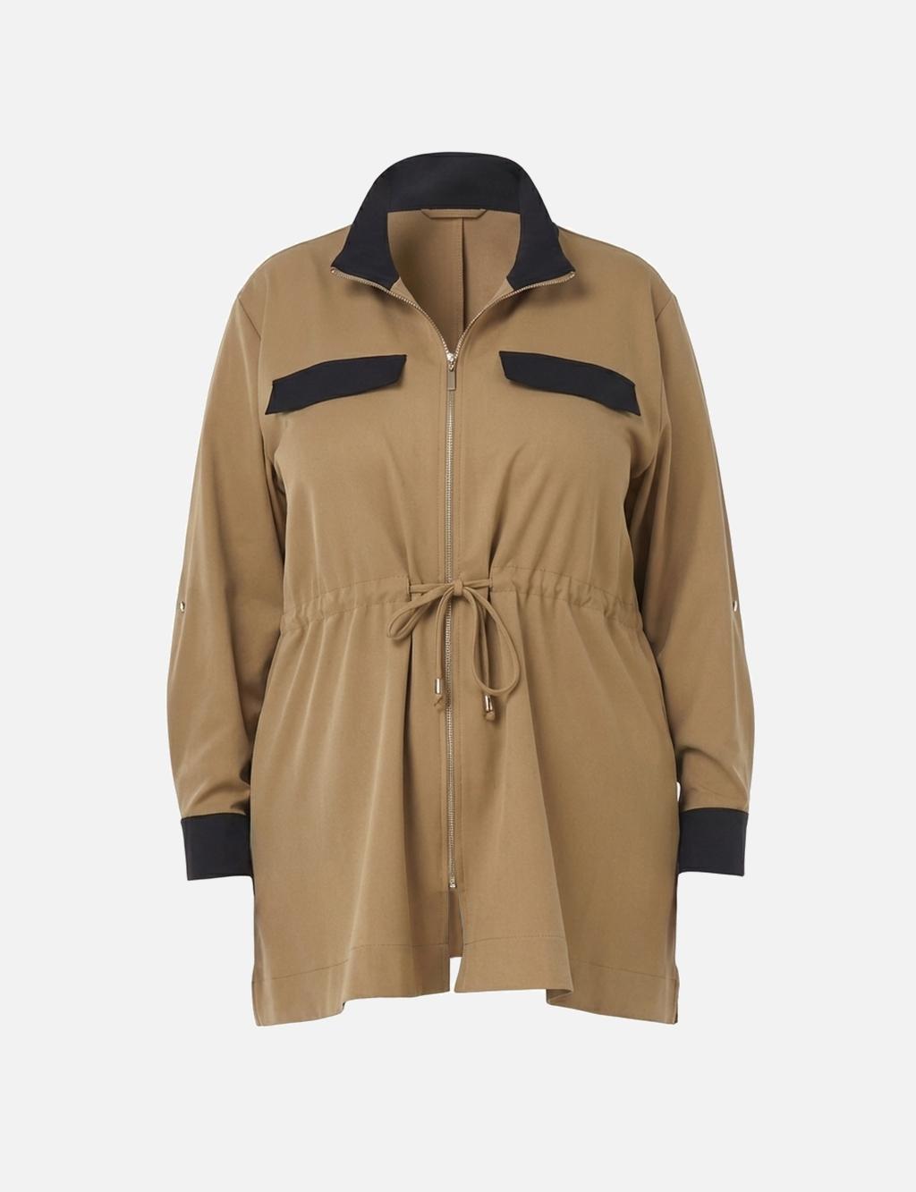 Stand-up Collar Tunic with Flap Pockets in Beige