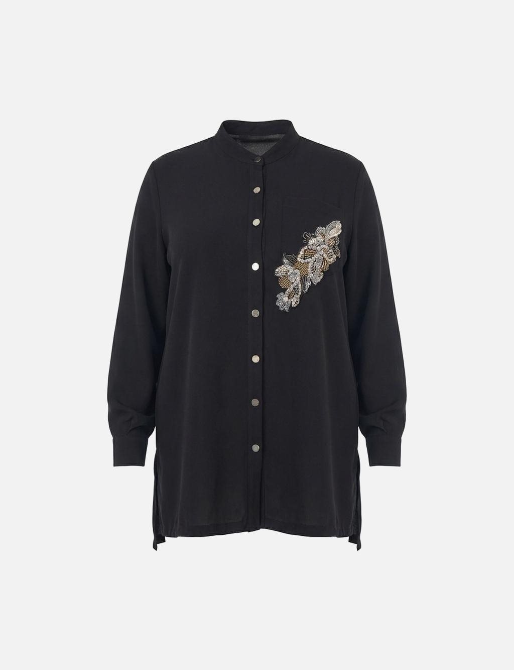 Stone-Embroidered College Collar Tunic in Black