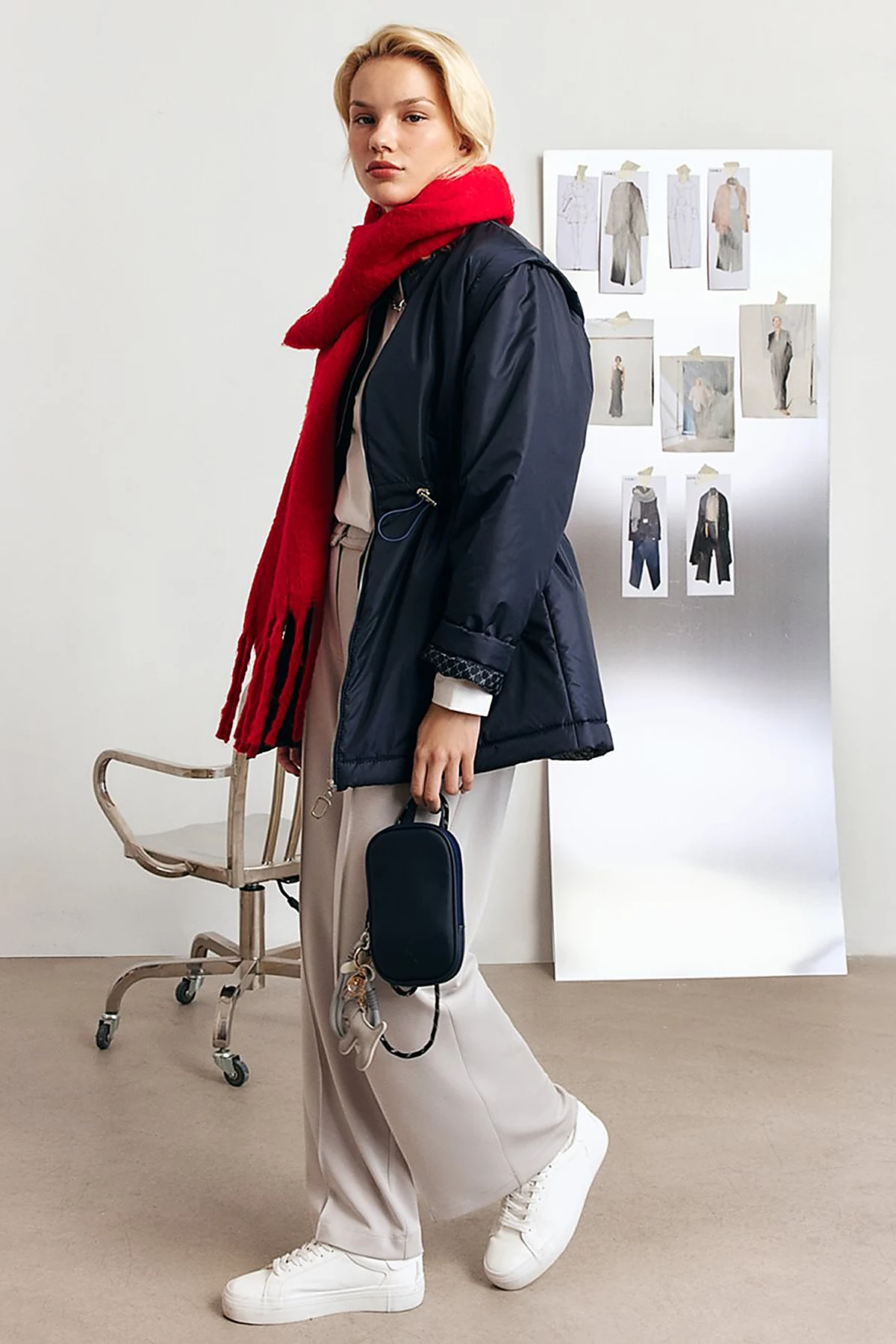 Short Jacket with Detachable Sleeve Detail in Dark Navy Blue