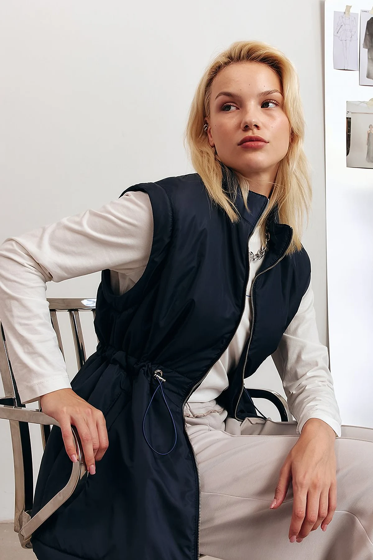 Short Jacket with Detachable Sleeve Detail in Dark Navy Blue
