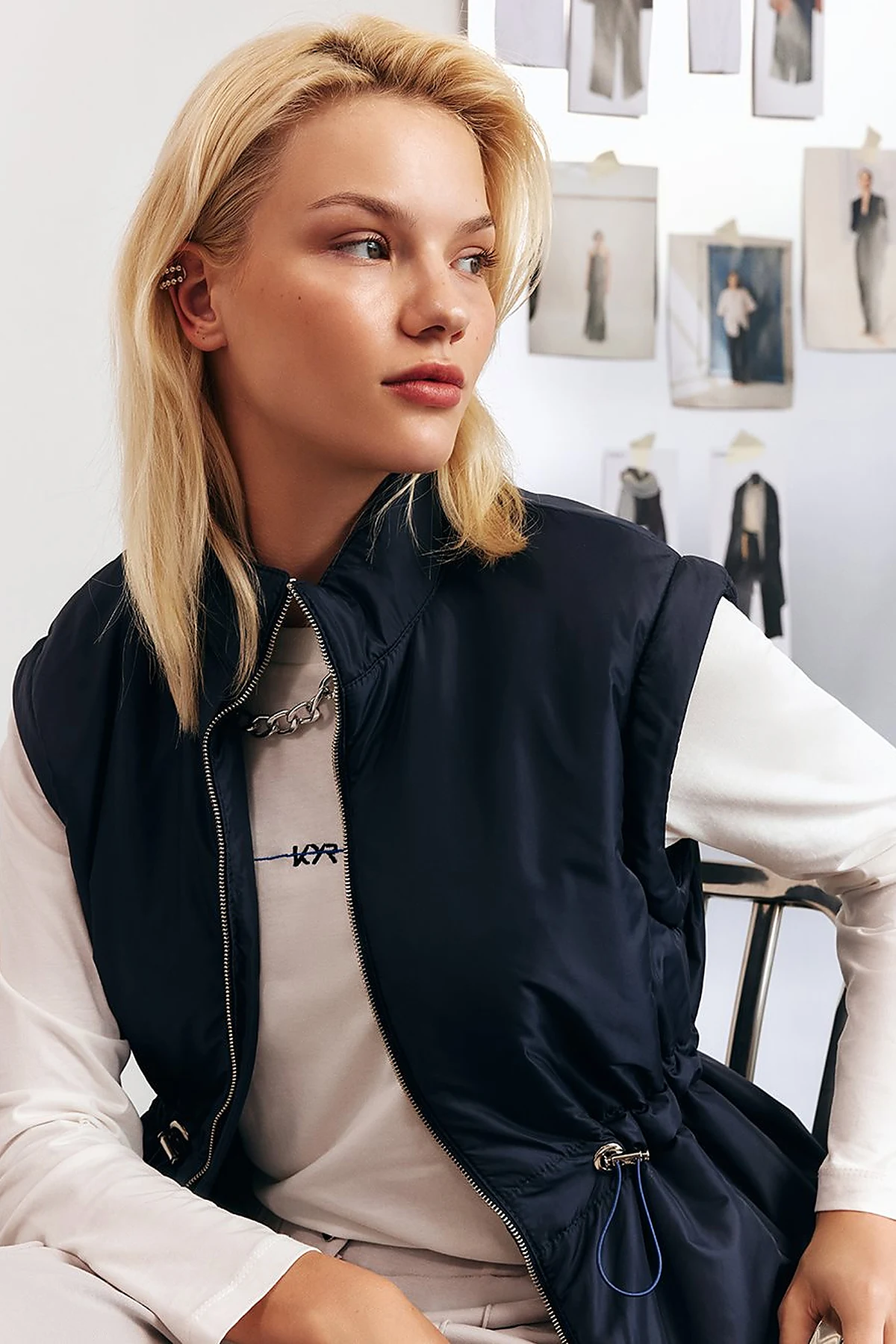 Short Jacket with Detachable Sleeve Detail in Dark Navy Blue