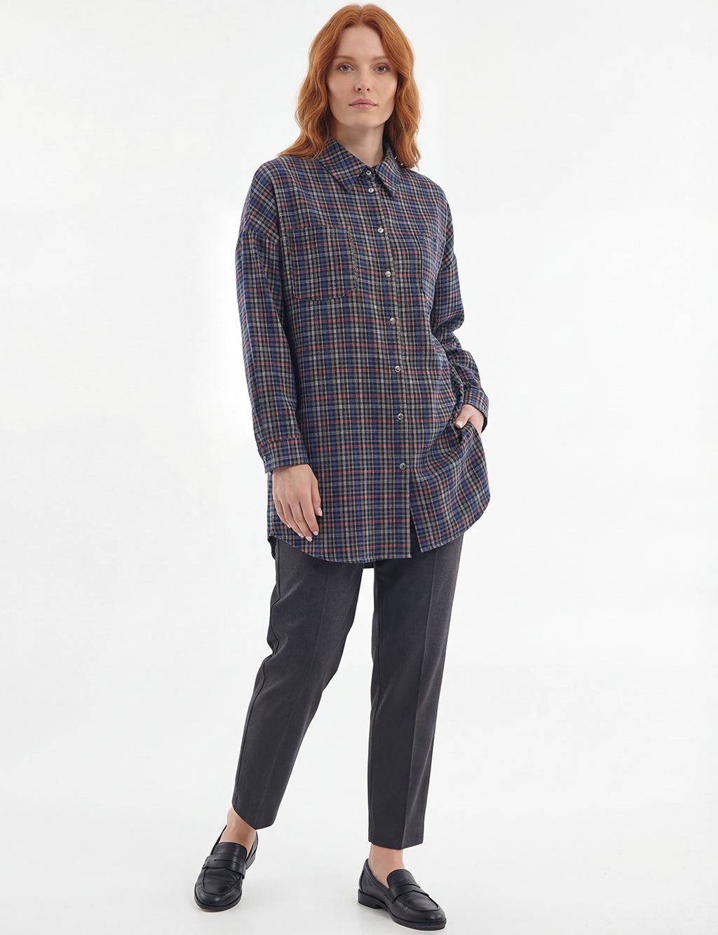 Plaid Shirt Collar Tunic Brown