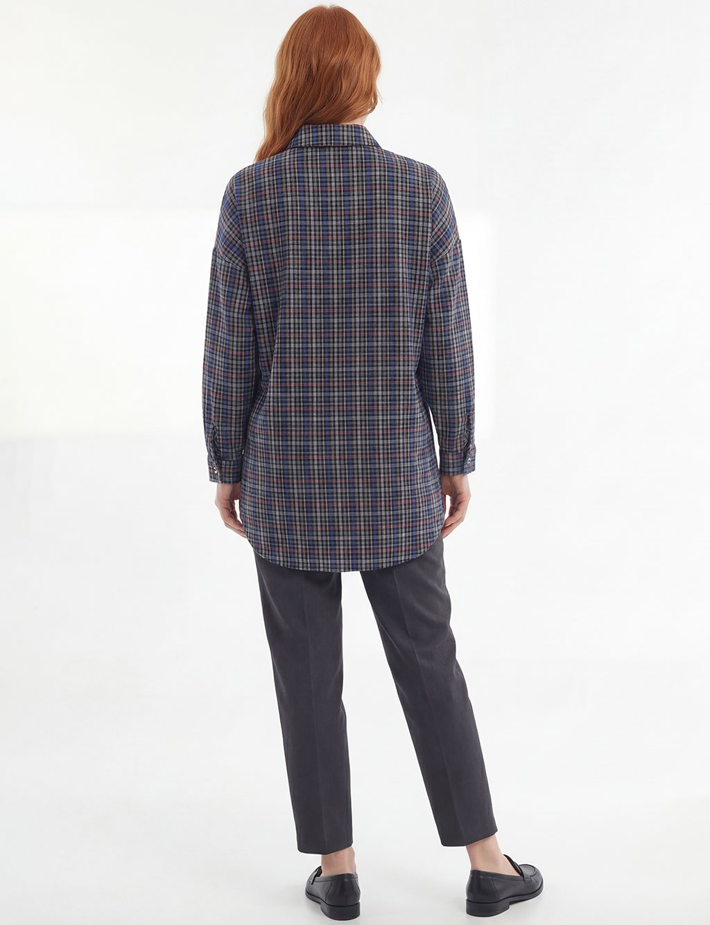 Plaid Shirt Collar Tunic Brown