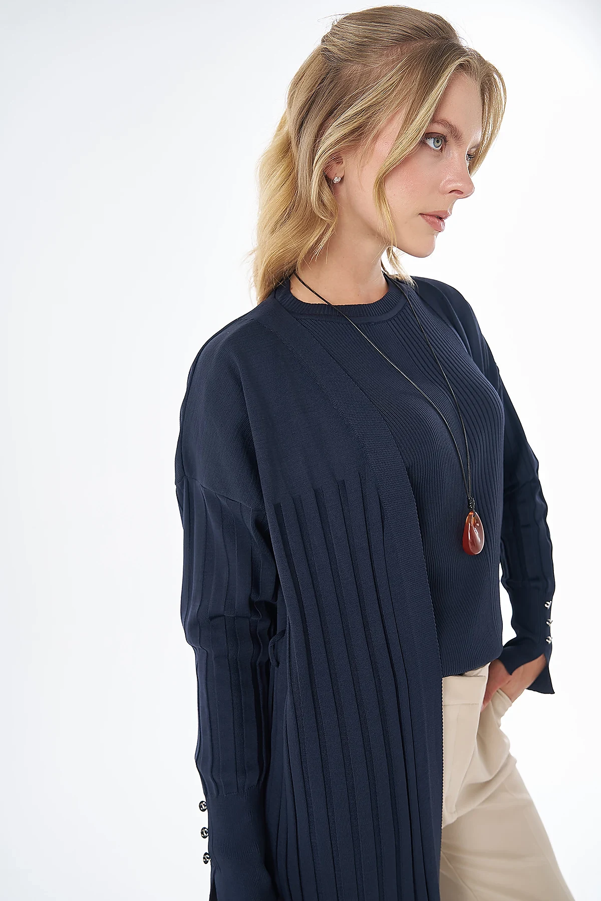 Belted Knit Cardigan Navy Blue