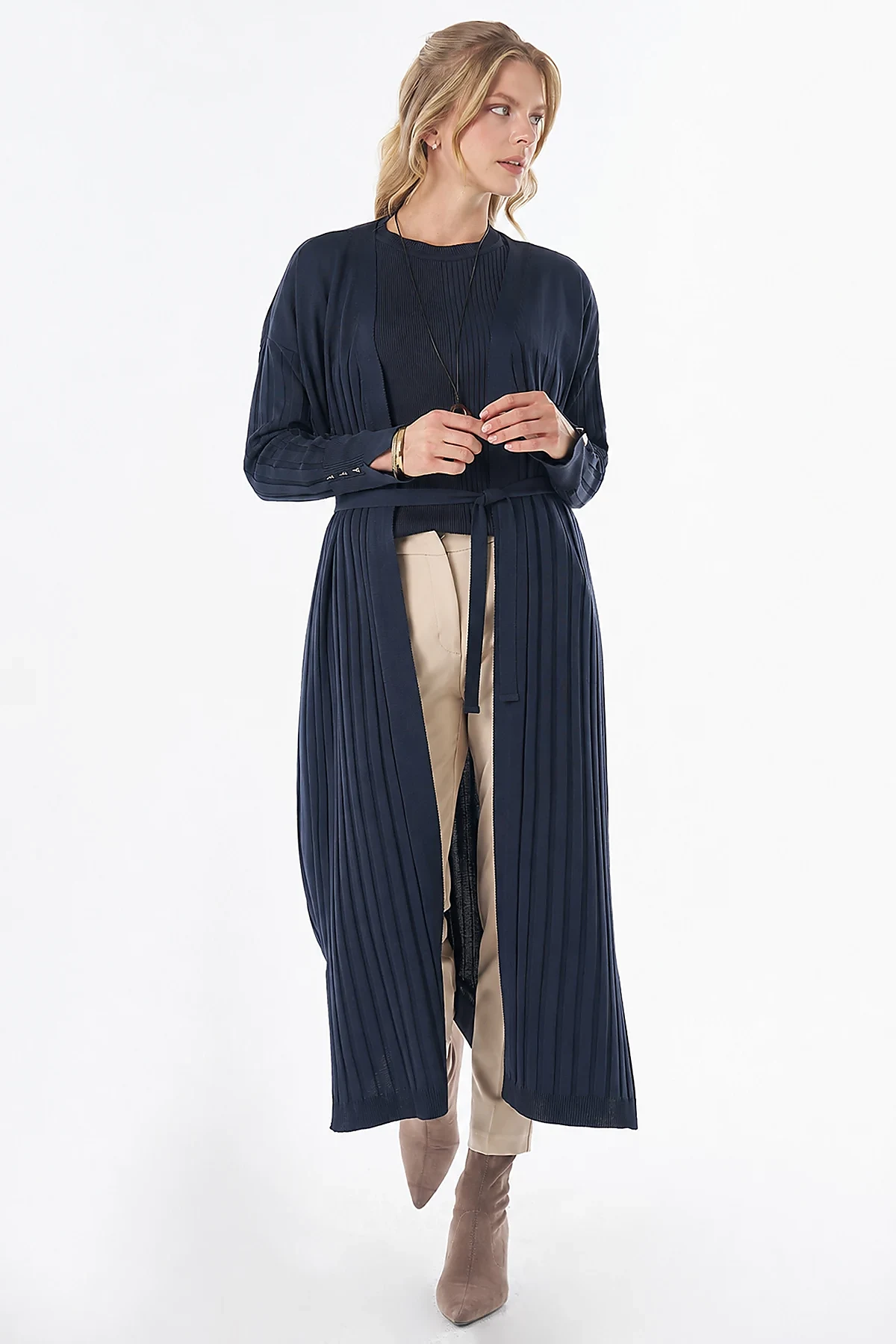 Belted Knit Cardigan Navy Blue