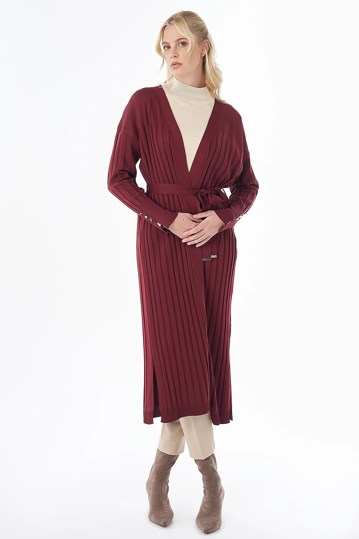 Belted Knit Cardigan Burgundy