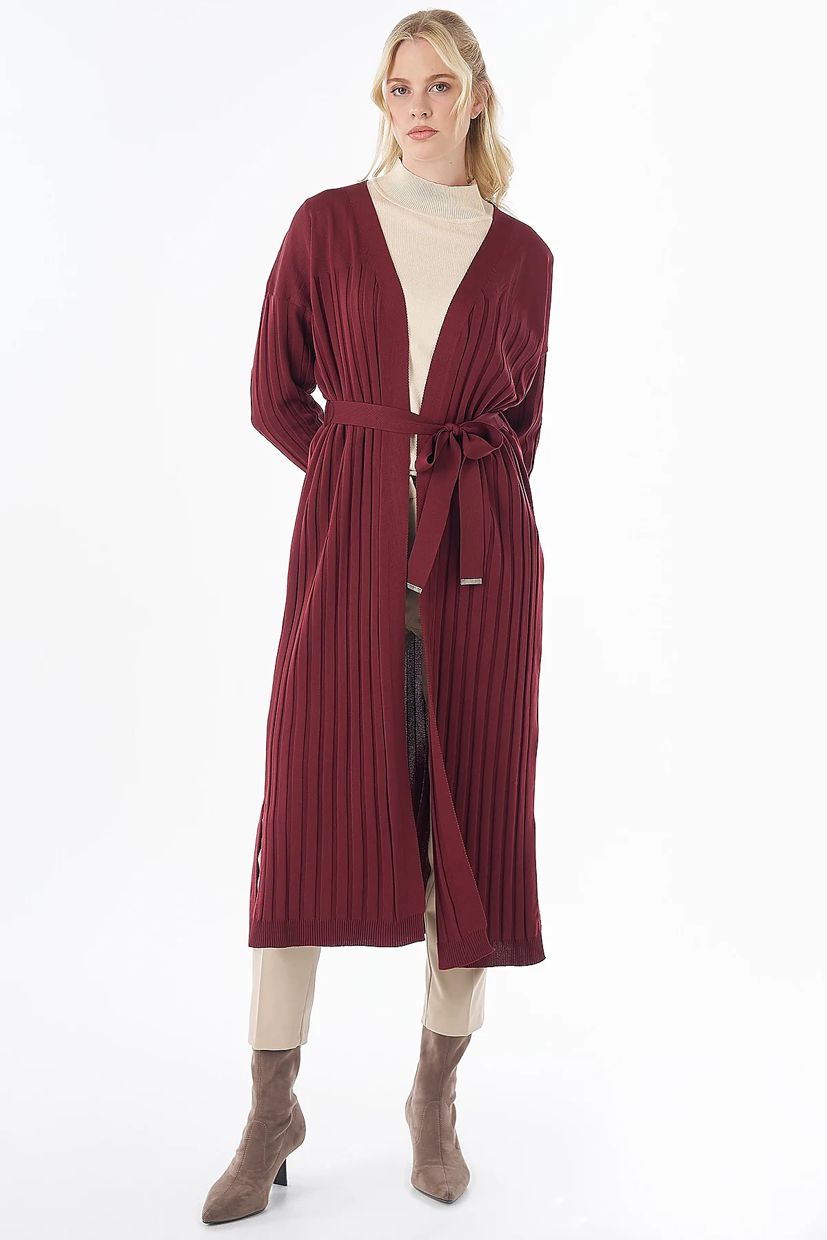 Belted Knit Cardigan Burgundy