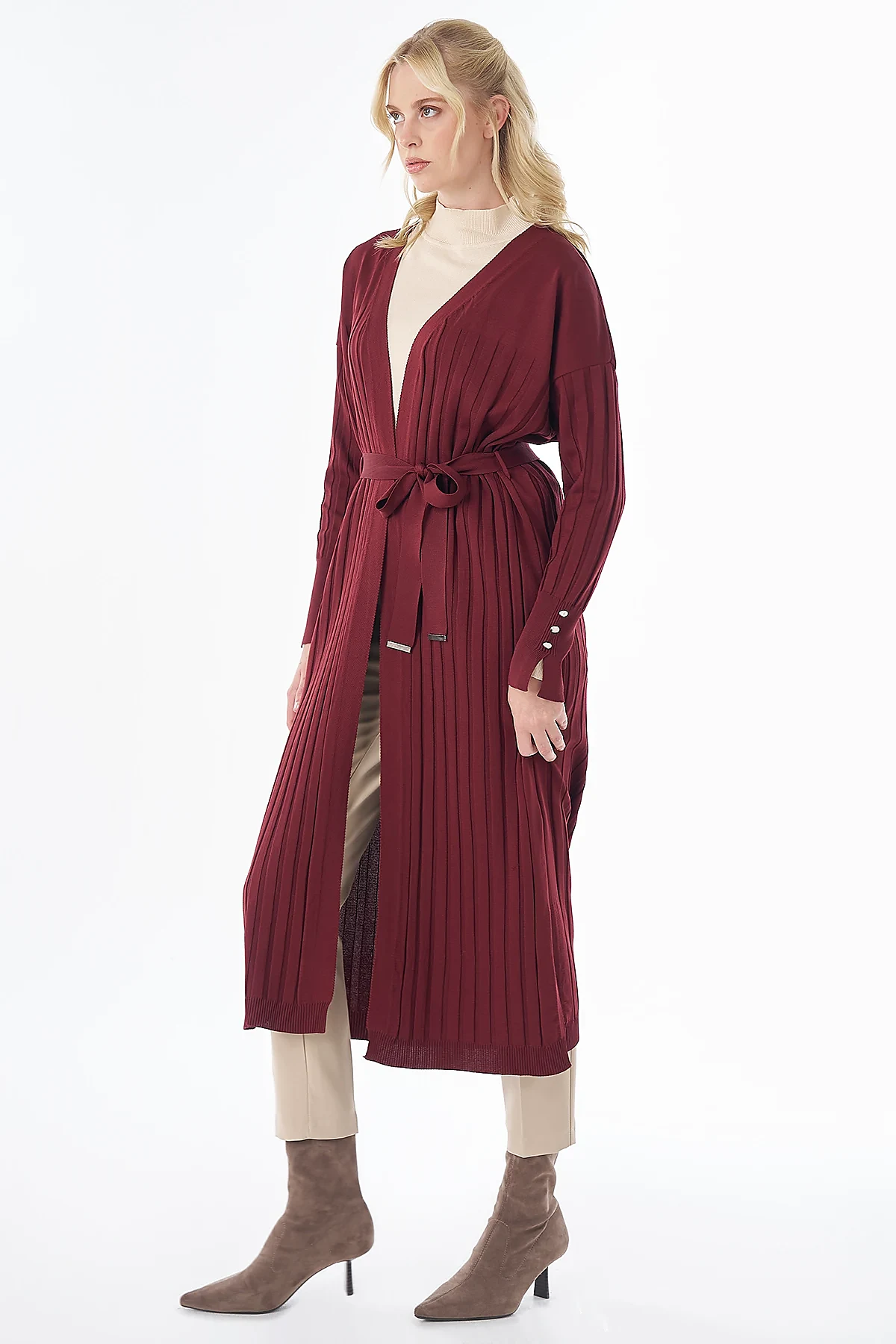 Belted Knit Cardigan Burgundy
