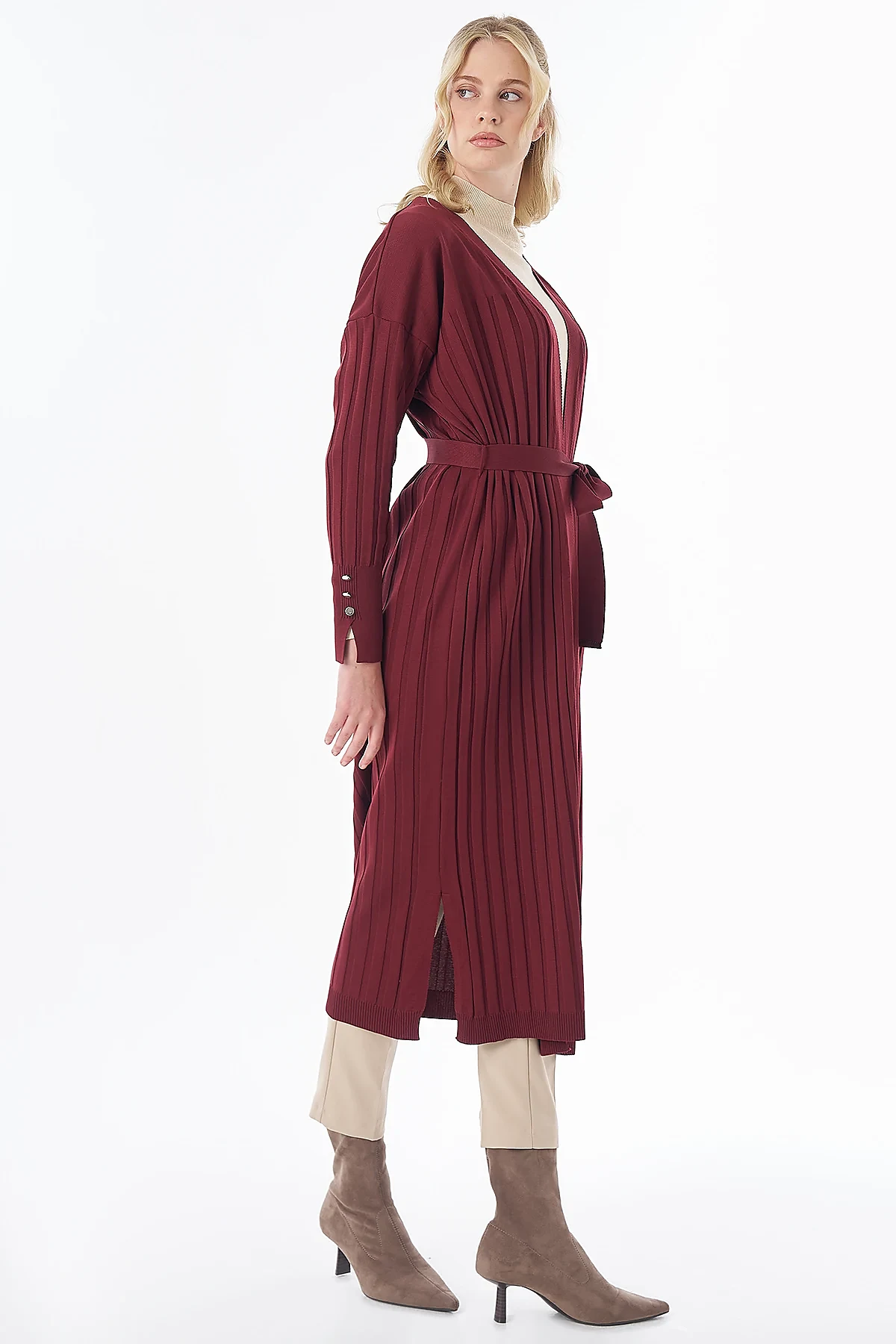 Belted Knit Cardigan Burgundy