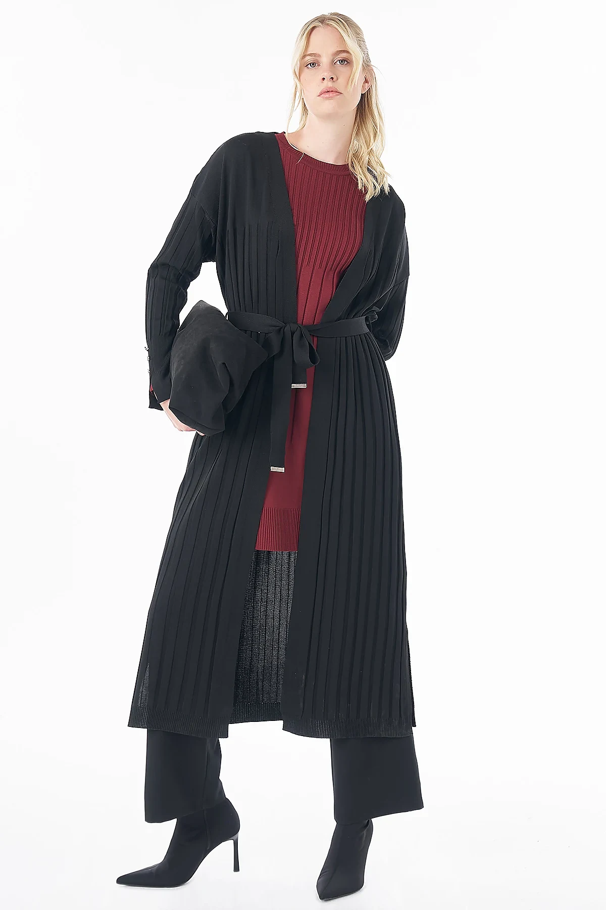 Belted Knit Cardigan Black