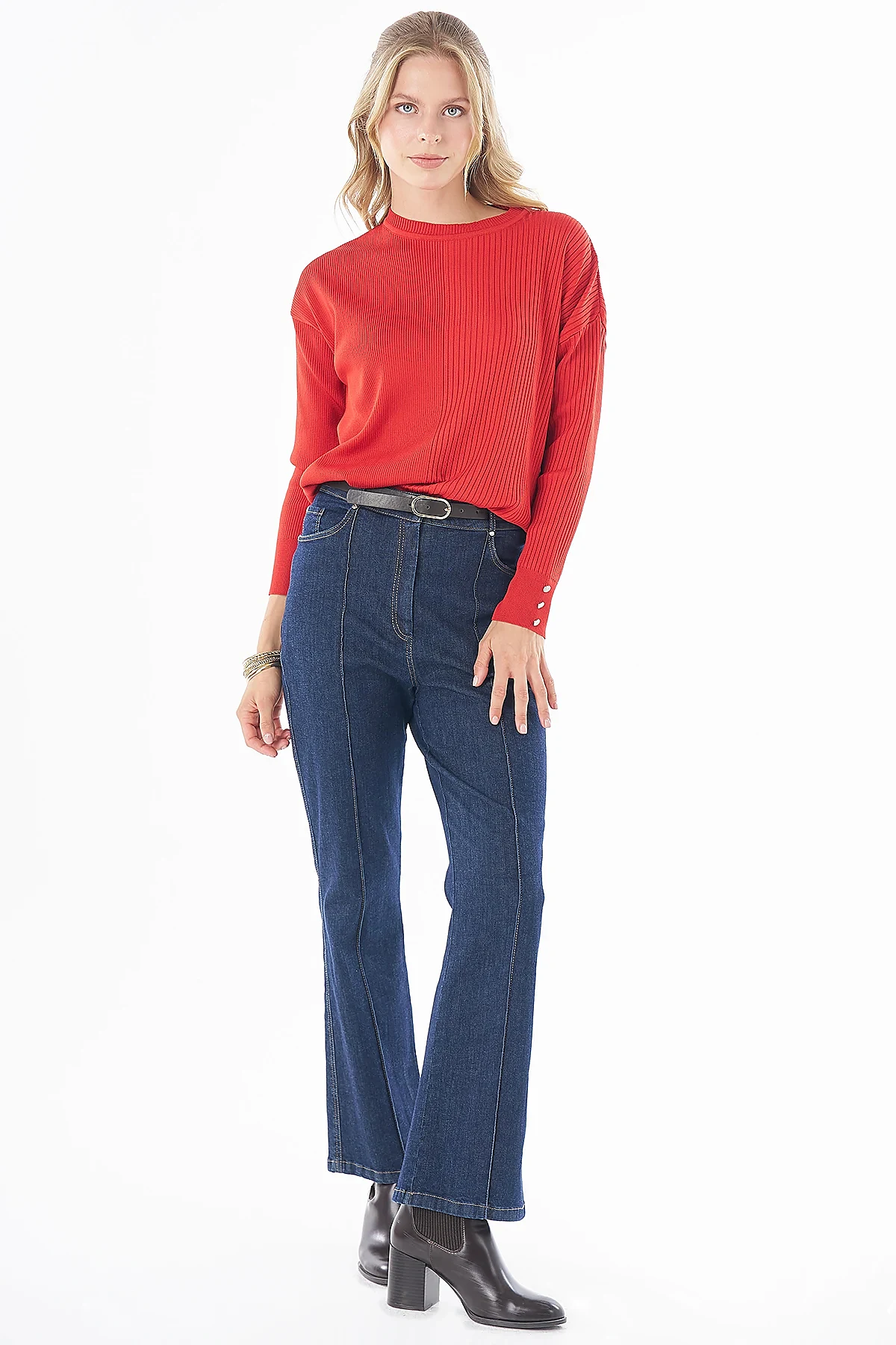Yıkamalı İspanyol Paça Denim Pantolon Lacivert 