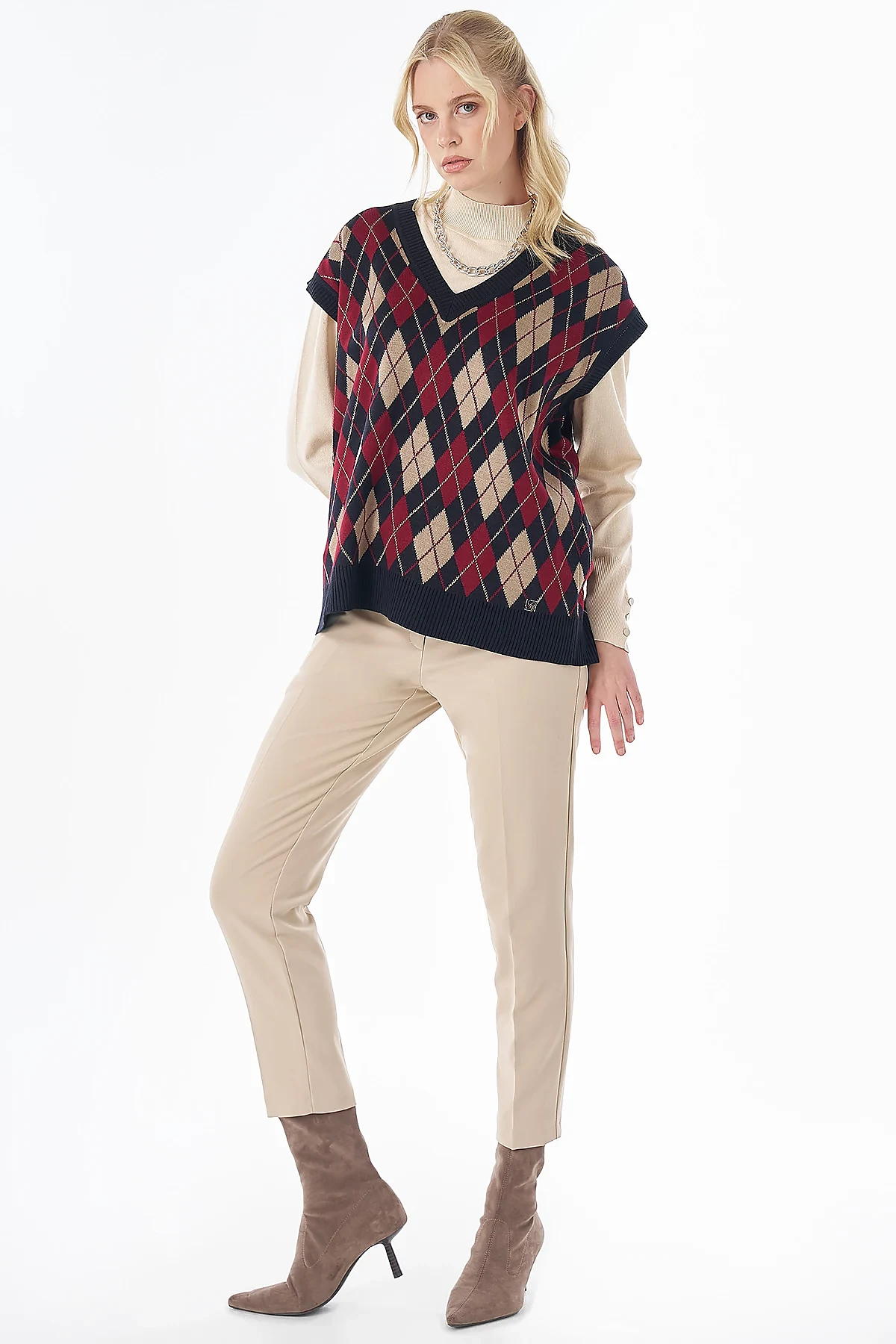 Diamond Pattern Knit Vest Dark Navy