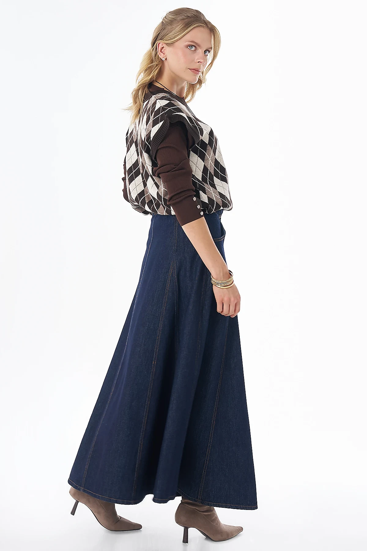 Washed Panel-Seamed Denim Skirt Navy