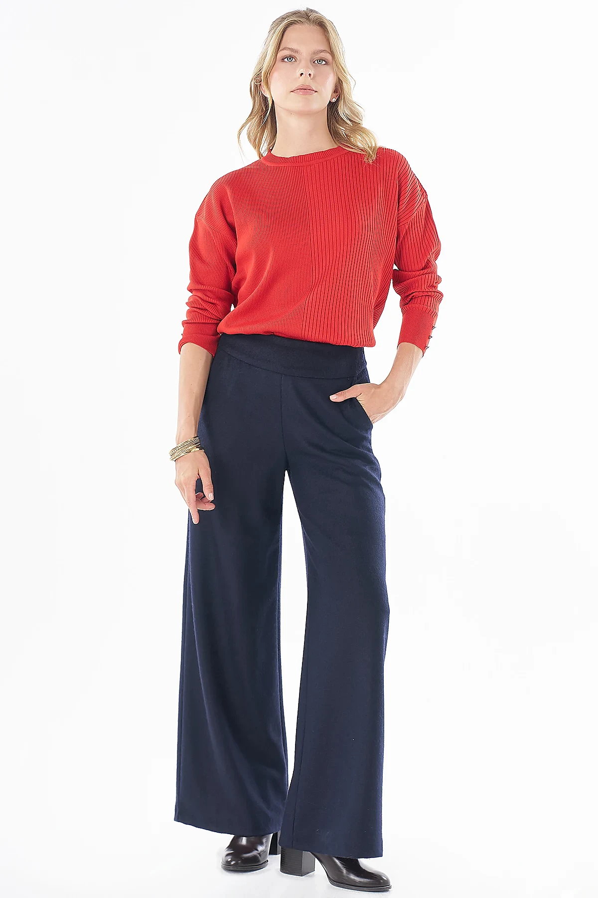 High-Waisted Wool Trousers - Dark Navy