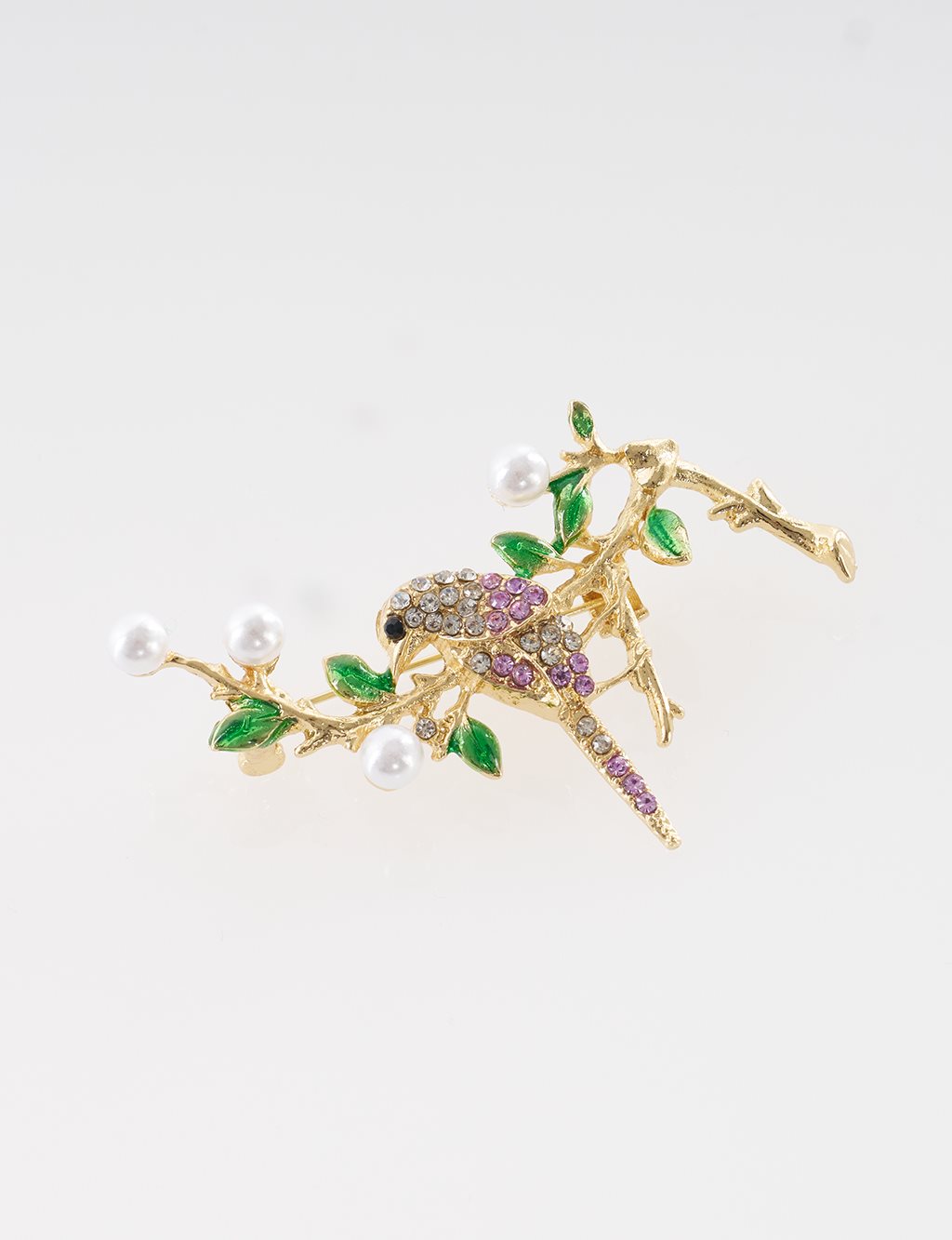 Bird Figurine Brooch on Pearl Branch Gold