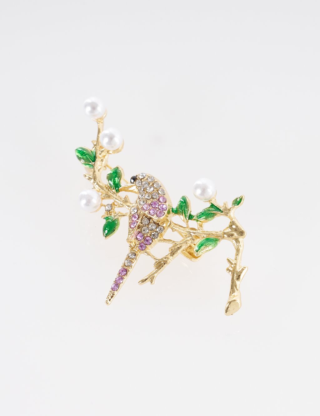 Bird Figurine Brooch on Pearl Branch Gold