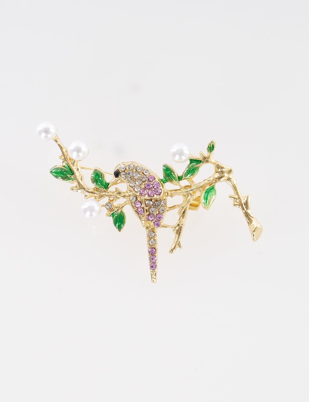 Bird Figurine Brooch on Pearl Branch Gold