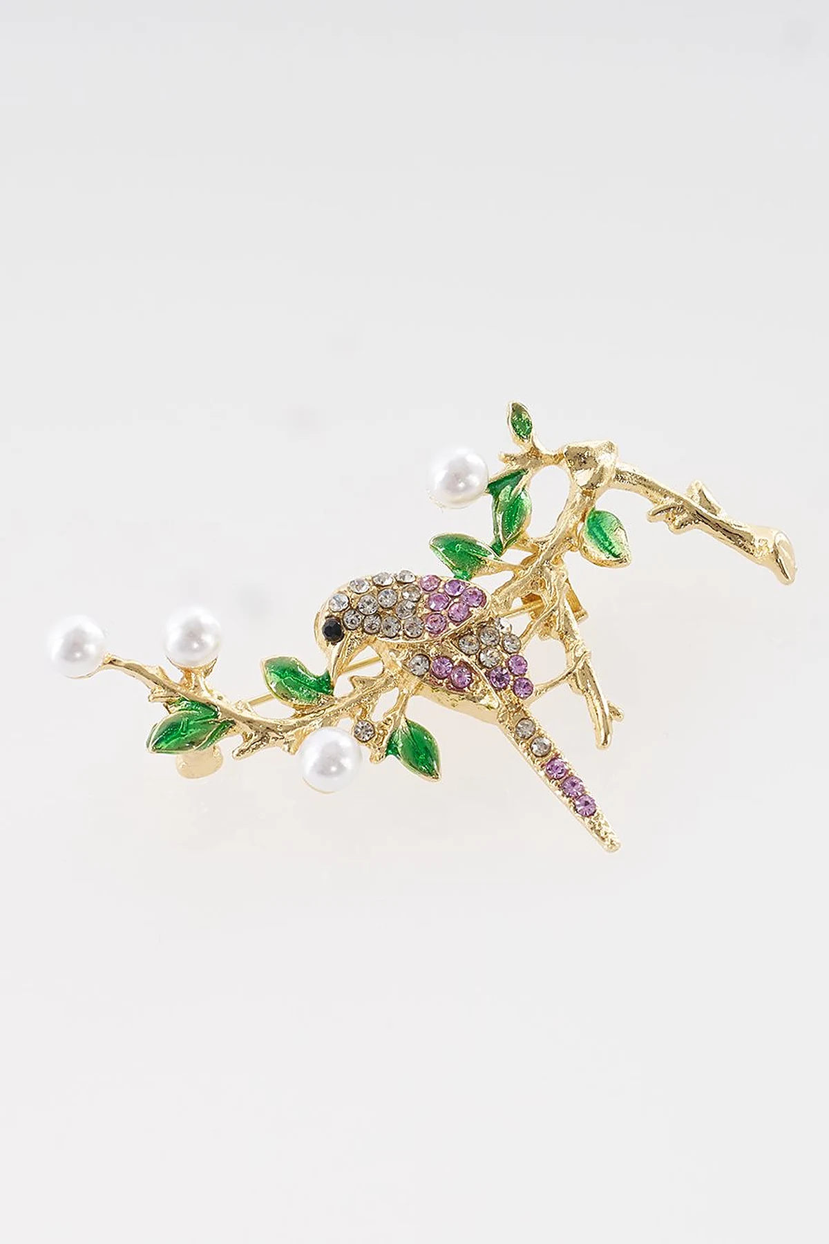 Bird Figurine Brooch on Pearl Branch Gold