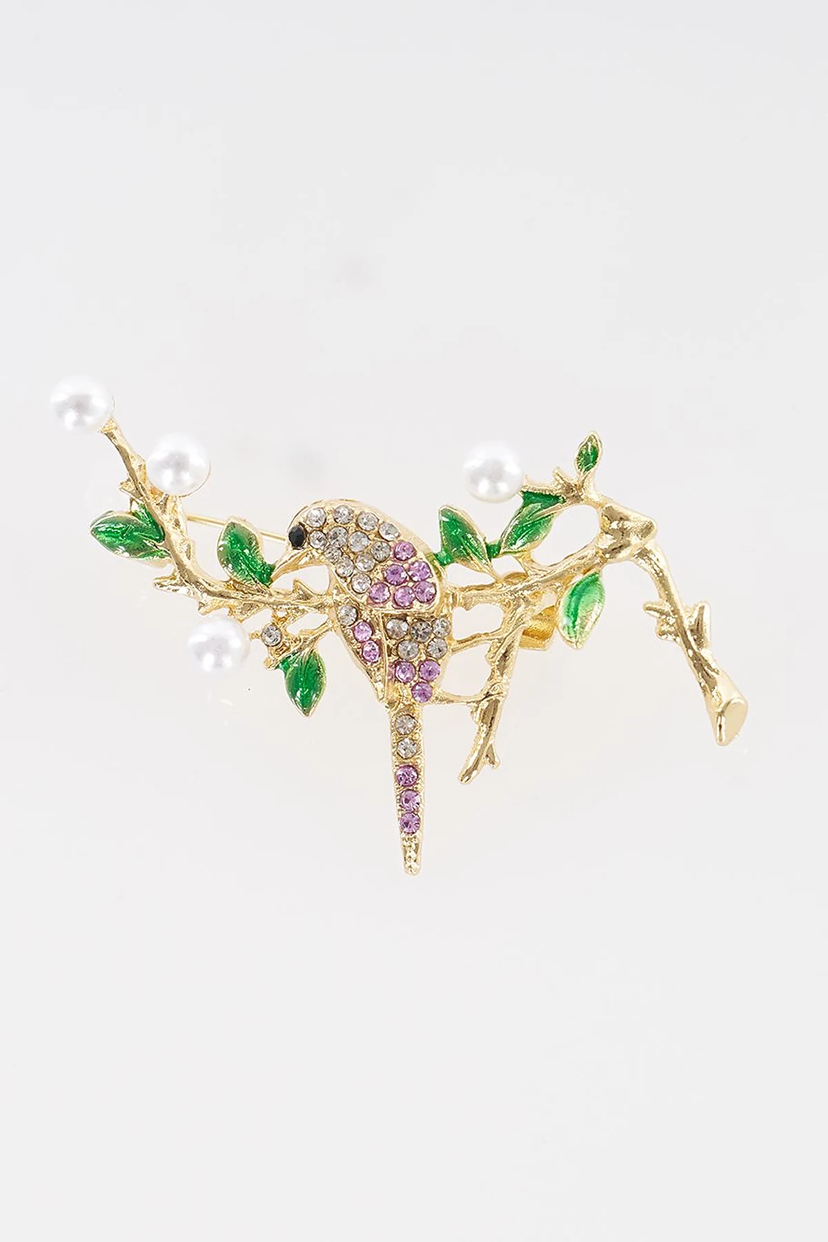 Bird Figurine Brooch on Pearl Branch Gold