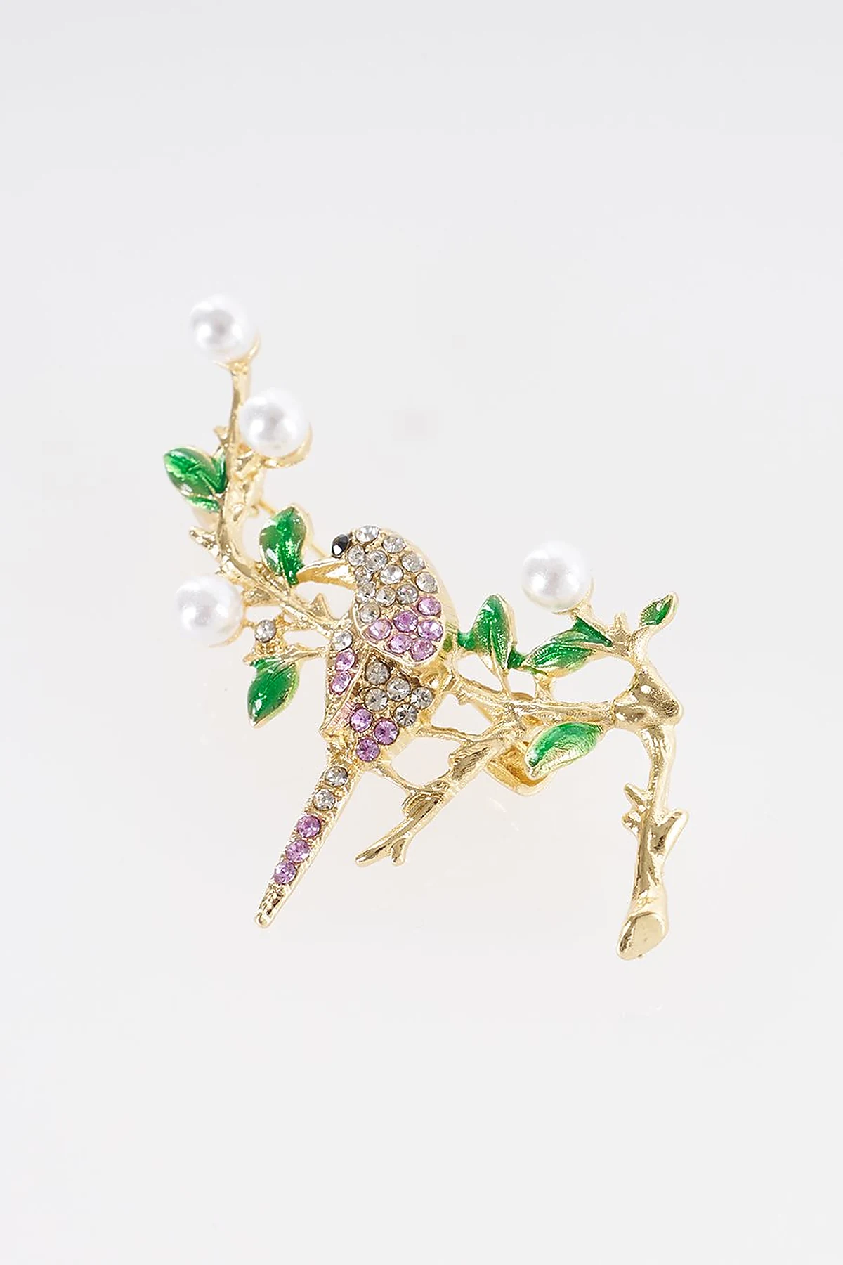 Bird Figurine Brooch on Pearl Branch Gold