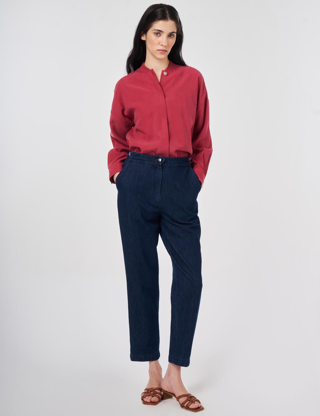 Yıkamalı Elastik Bel Havuç Kesim Denim Pantolon Lacivert 