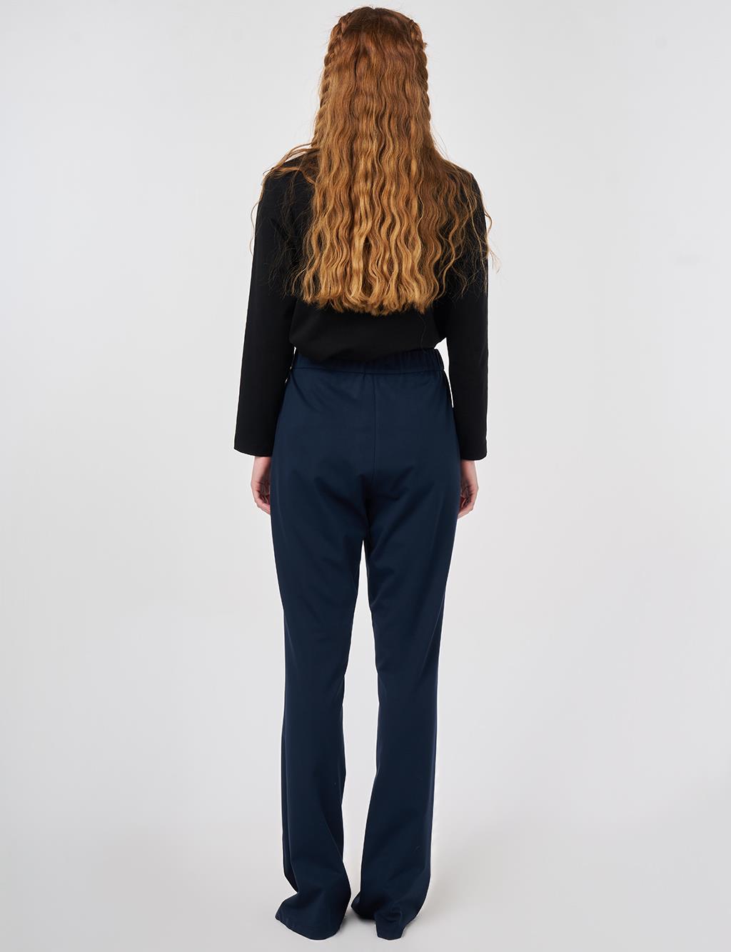 Çima Dikişli Örme İspanyol Paça Pantolon Koyu Lacivert