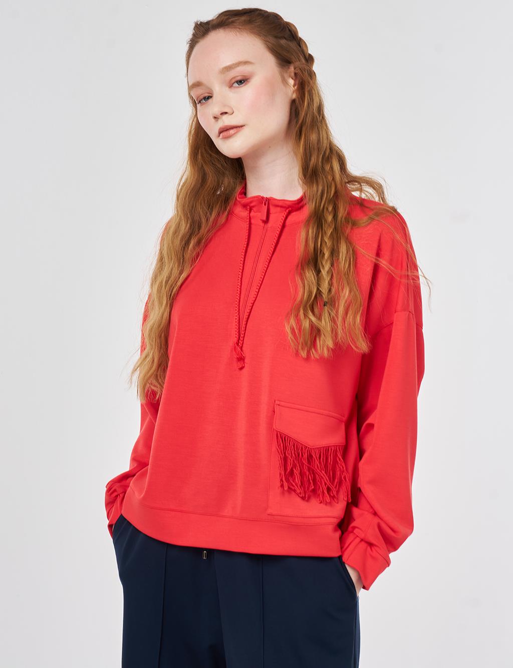 Püskül Detaylı Modal Sweatshirt Kırmızı