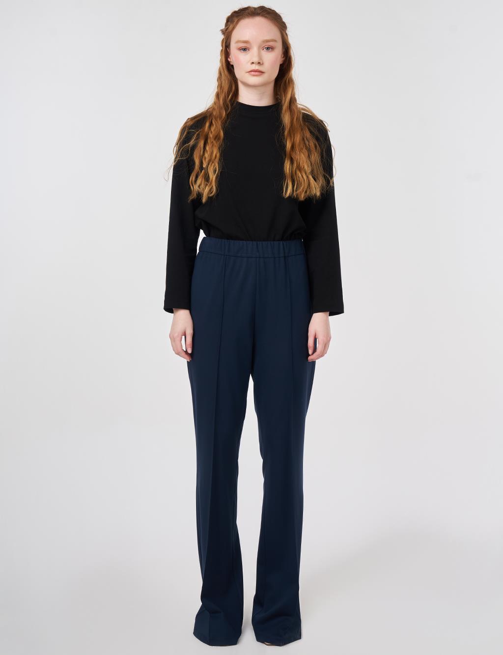 Çima Dikişli Örme İspanyol Paça Pantolon Koyu Lacivert