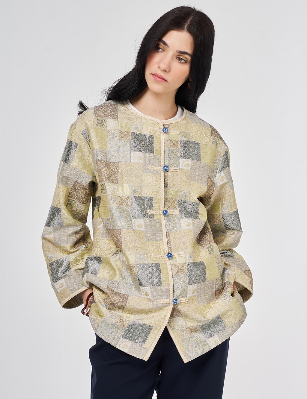 Kare Desen Jakarlı Ceket Küf Yeşili