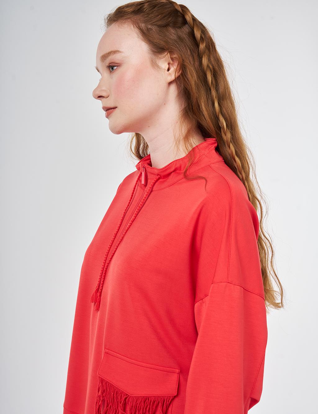 Püskül Detaylı Modal Sweatshirt Kırmızı
