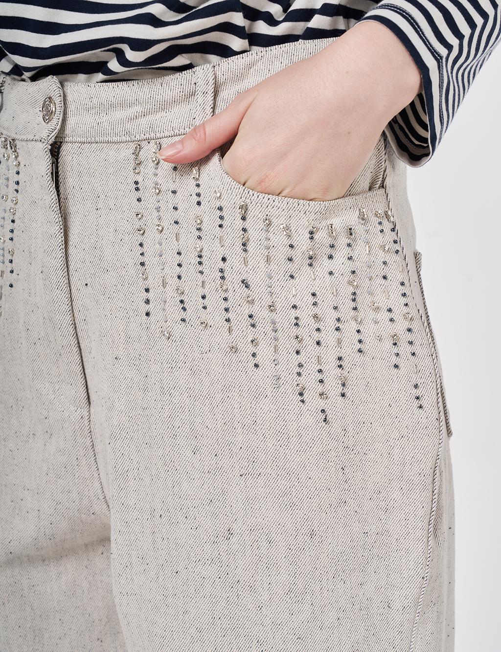 İşlemeli Havuç Kesim Denim Pantolon Gri