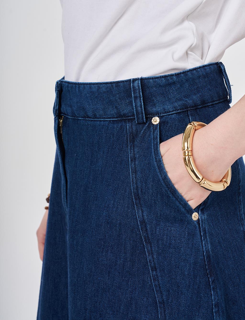 Yıkamalı Denim Etek Lacivert 