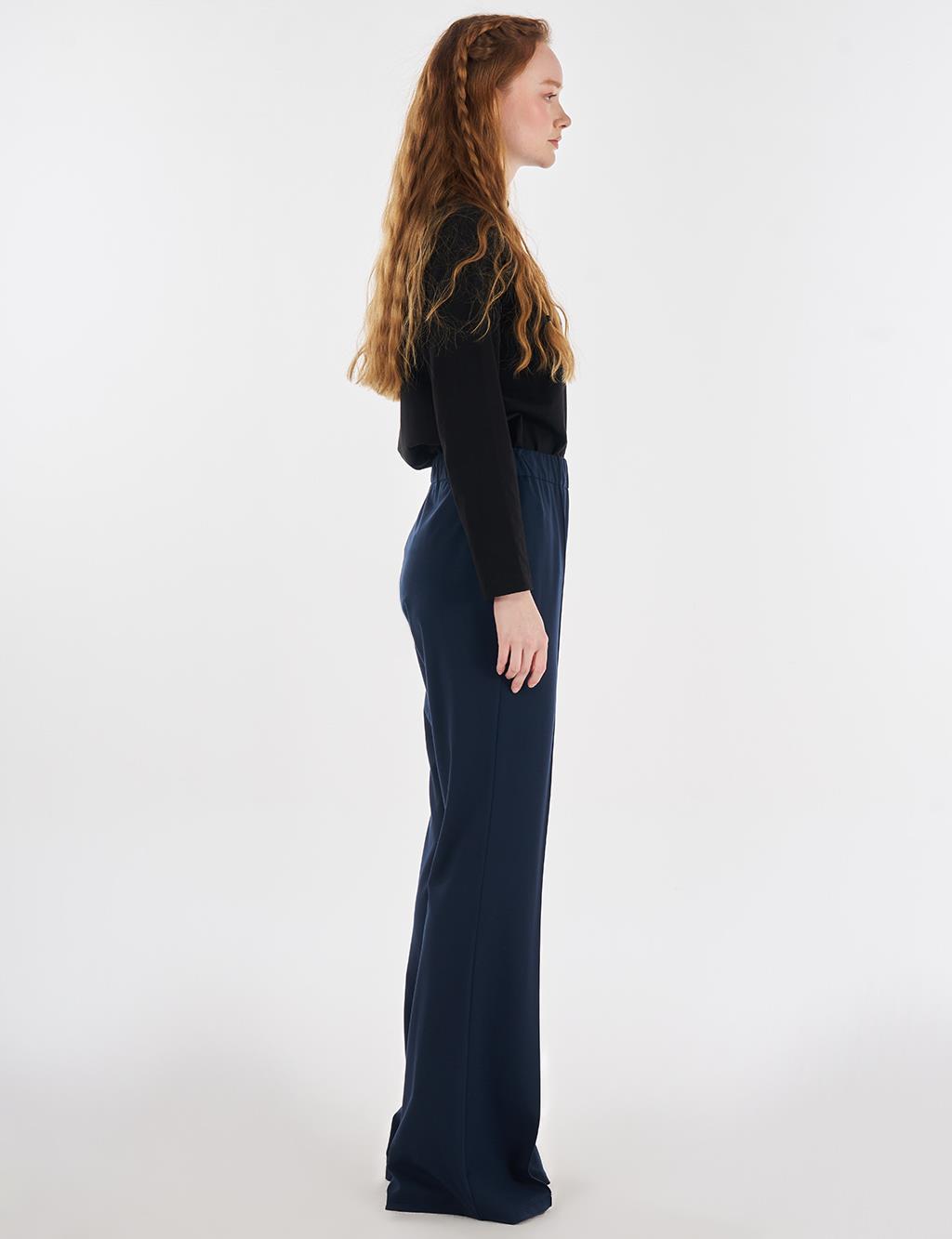 Çima Dikişli Örme İspanyol Paça Pantolon Koyu Lacivert