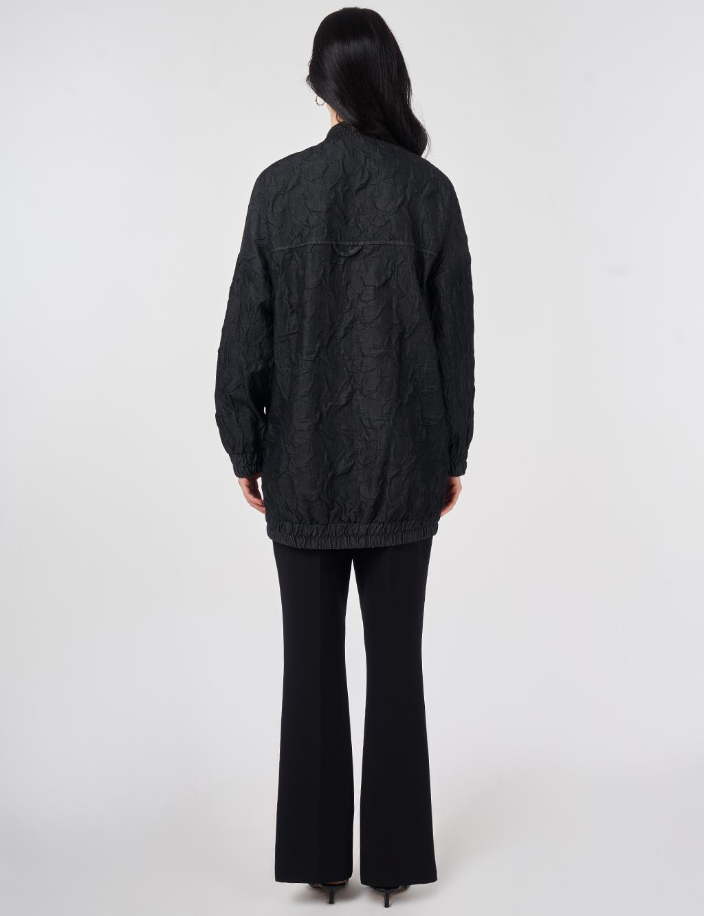 Kabartma Desen Kolej Yaka Ceket Siyah