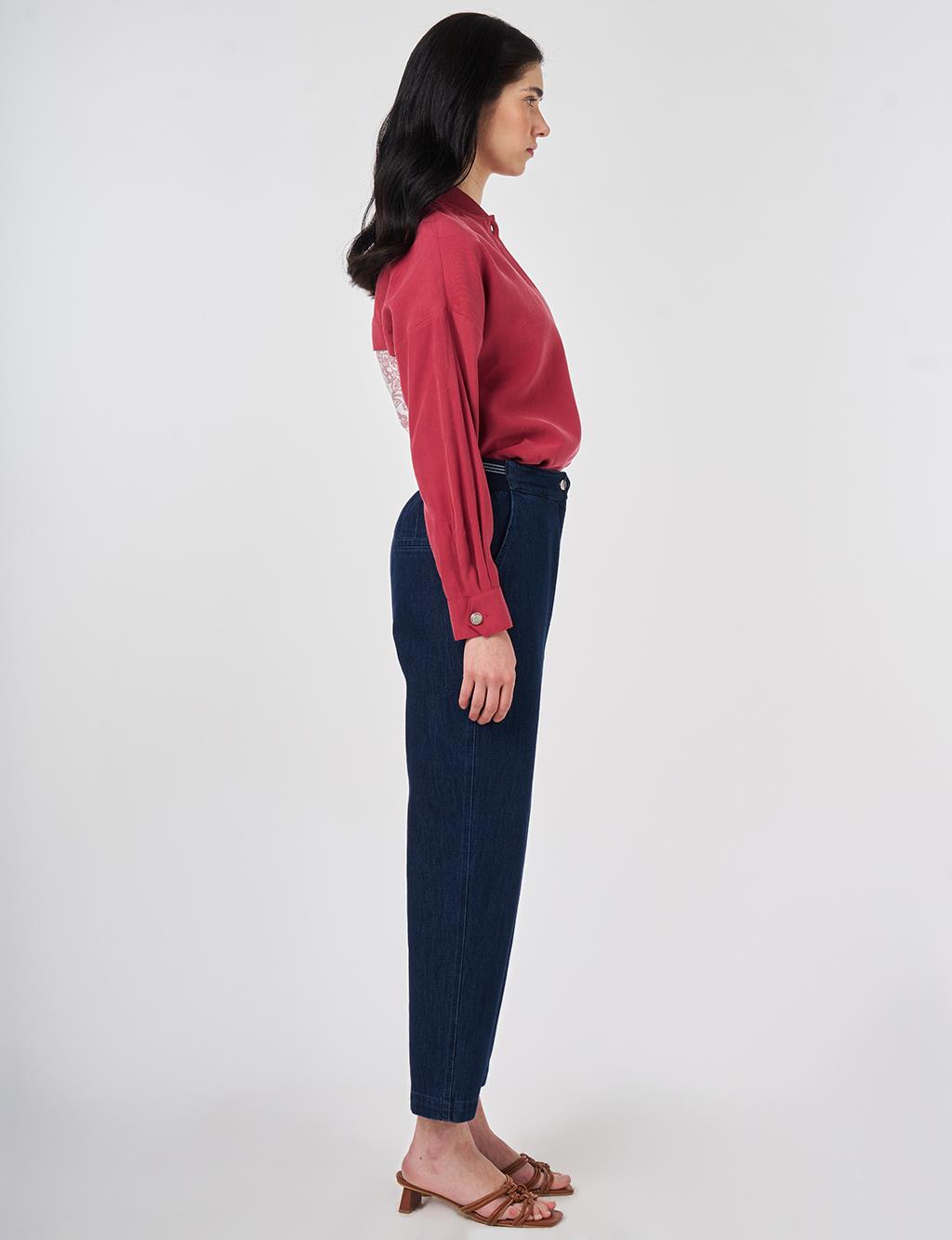 Yıkamalı Elastik Bel Havuç Kesim Denim Pantolon Lacivert 