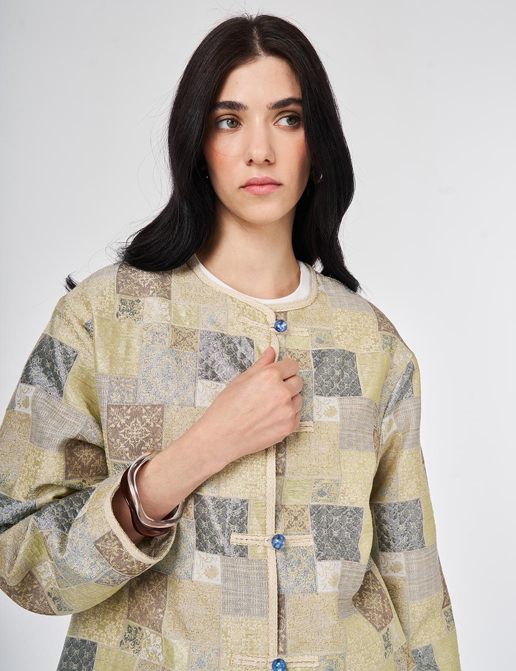 Kare Desen Jakarlı Ceket Küf Yeşili