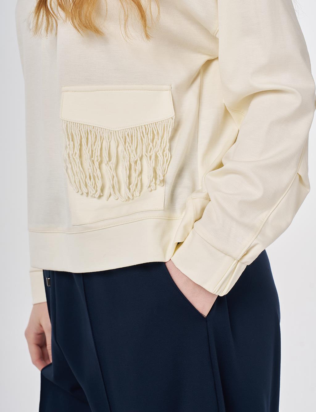 Püskül Detaylı Modal Sweatshirt Ekru