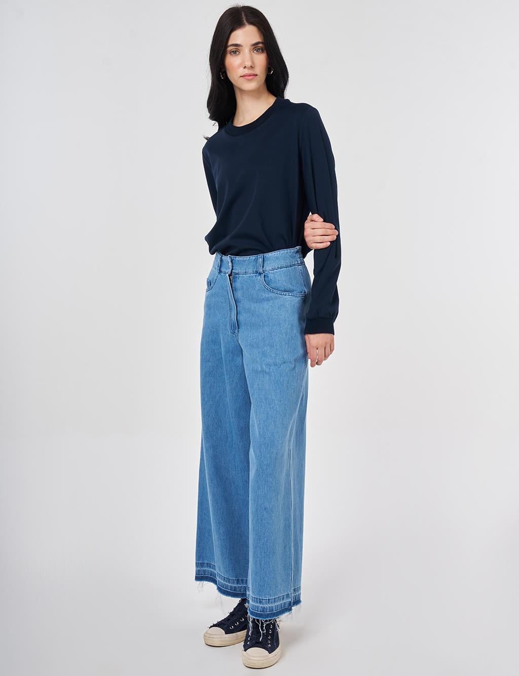 Yıkamalı Elastik Bel Denim Pantolon Mavi 