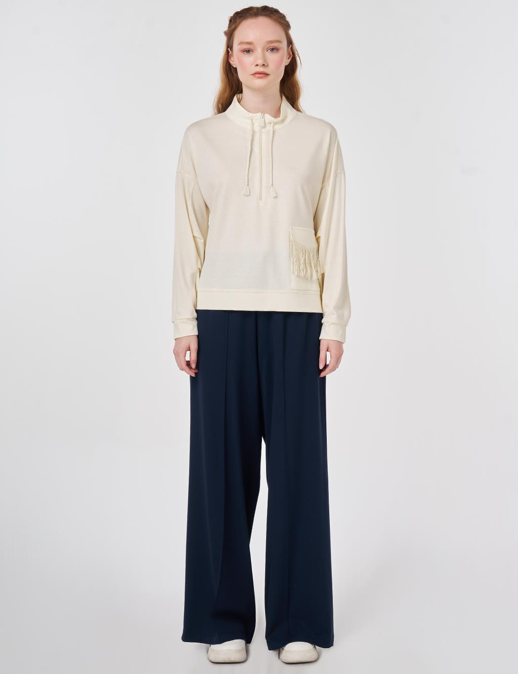 Püskül Detaylı Modal Sweatshirt Ekru