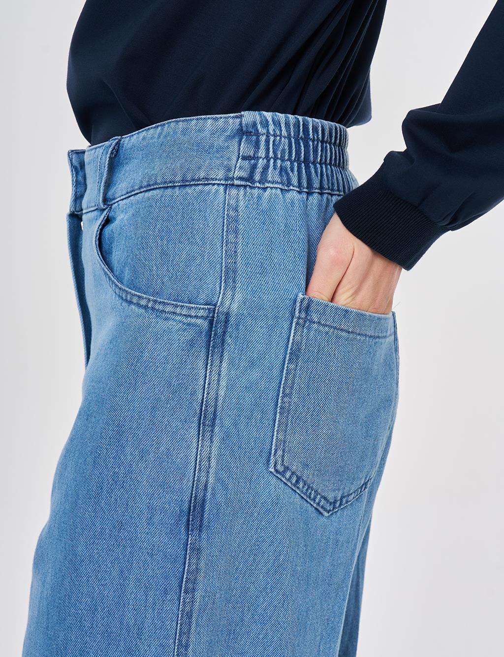 Yıkamalı Elastik Bel Denim Pantolon Mavi 