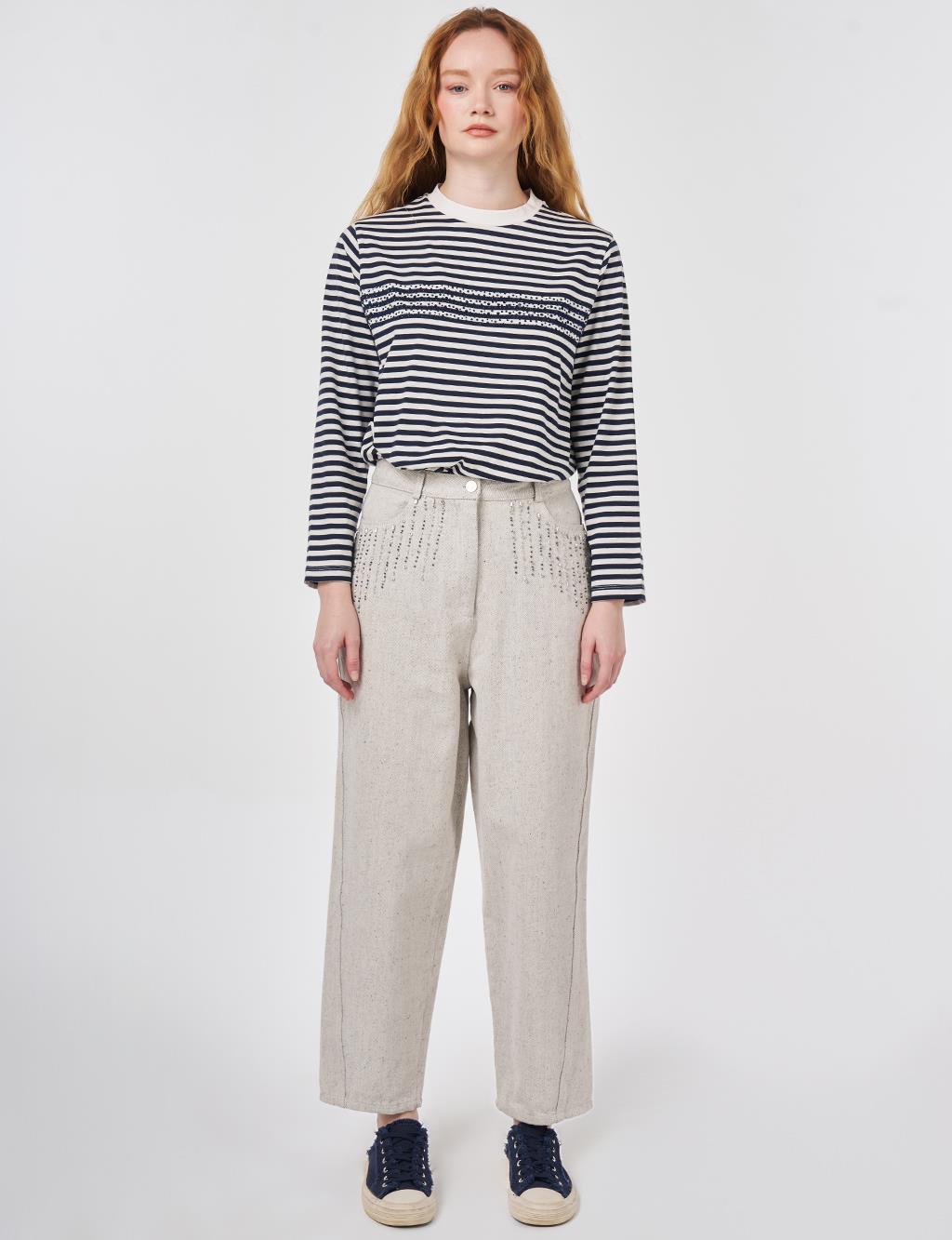 İşlemeli Havuç Kesim Denim Pantolon Gri