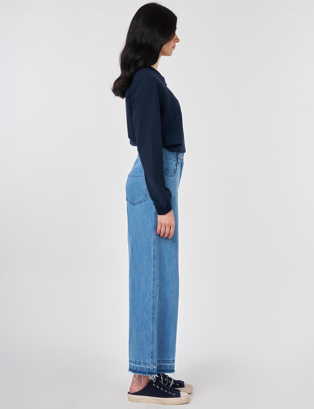 Yıkamalı Elastik Bel Denim Pantolon Mavi 