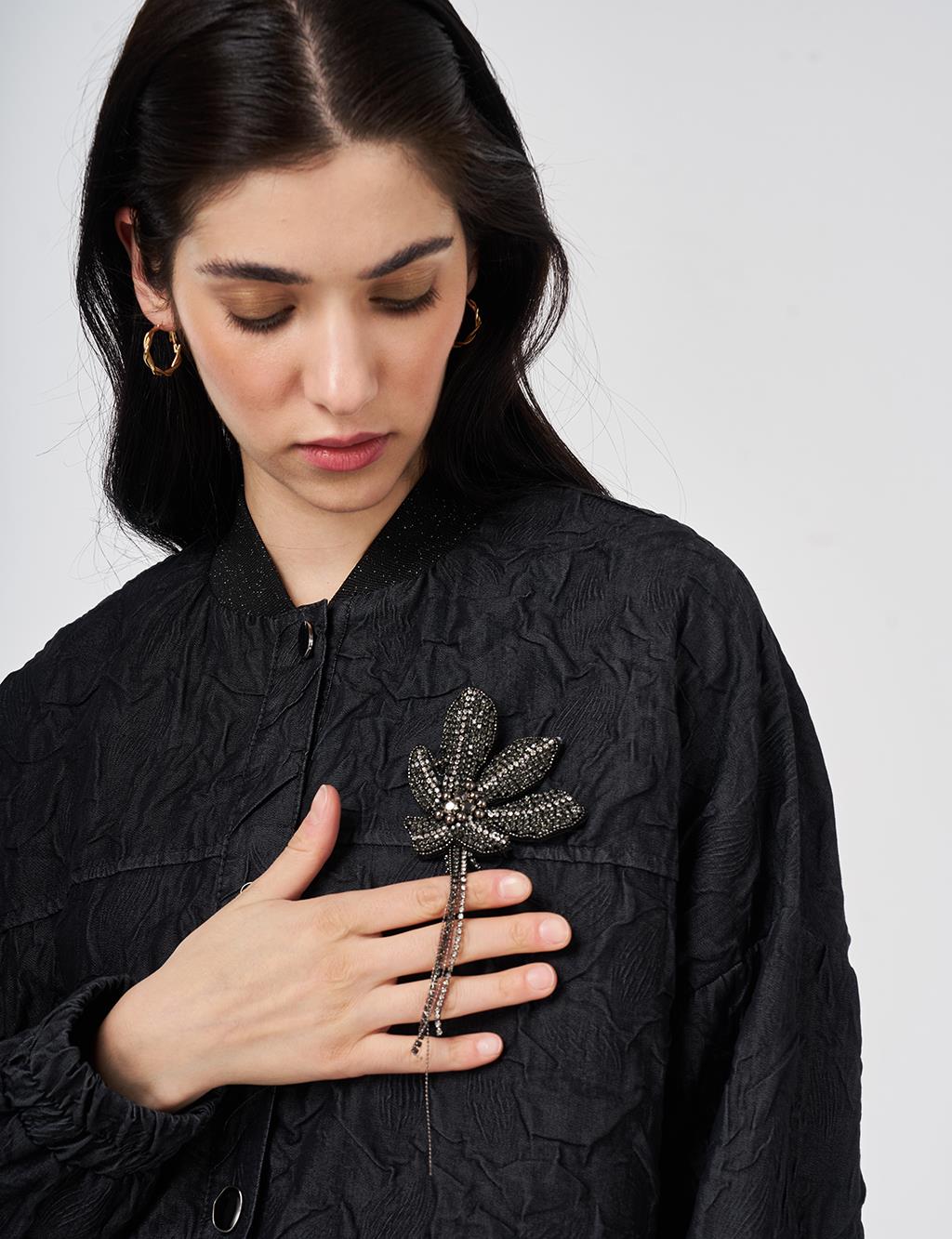 Kabartma Desen Kolej Yaka Ceket Siyah