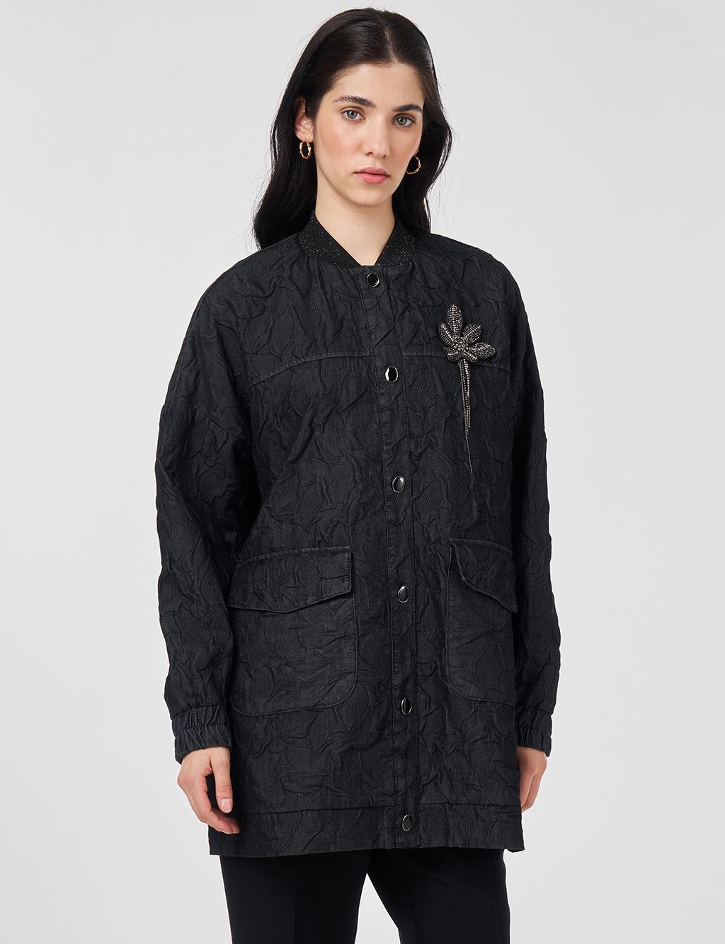 Kabartma Desen Kolej Yaka Ceket Siyah