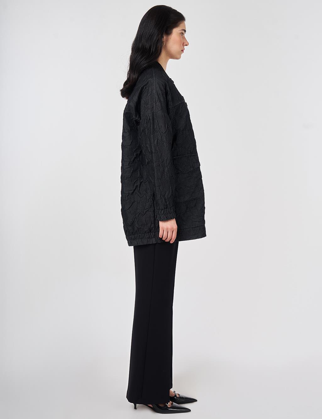 Kabartma Desen Kolej Yaka Ceket Siyah